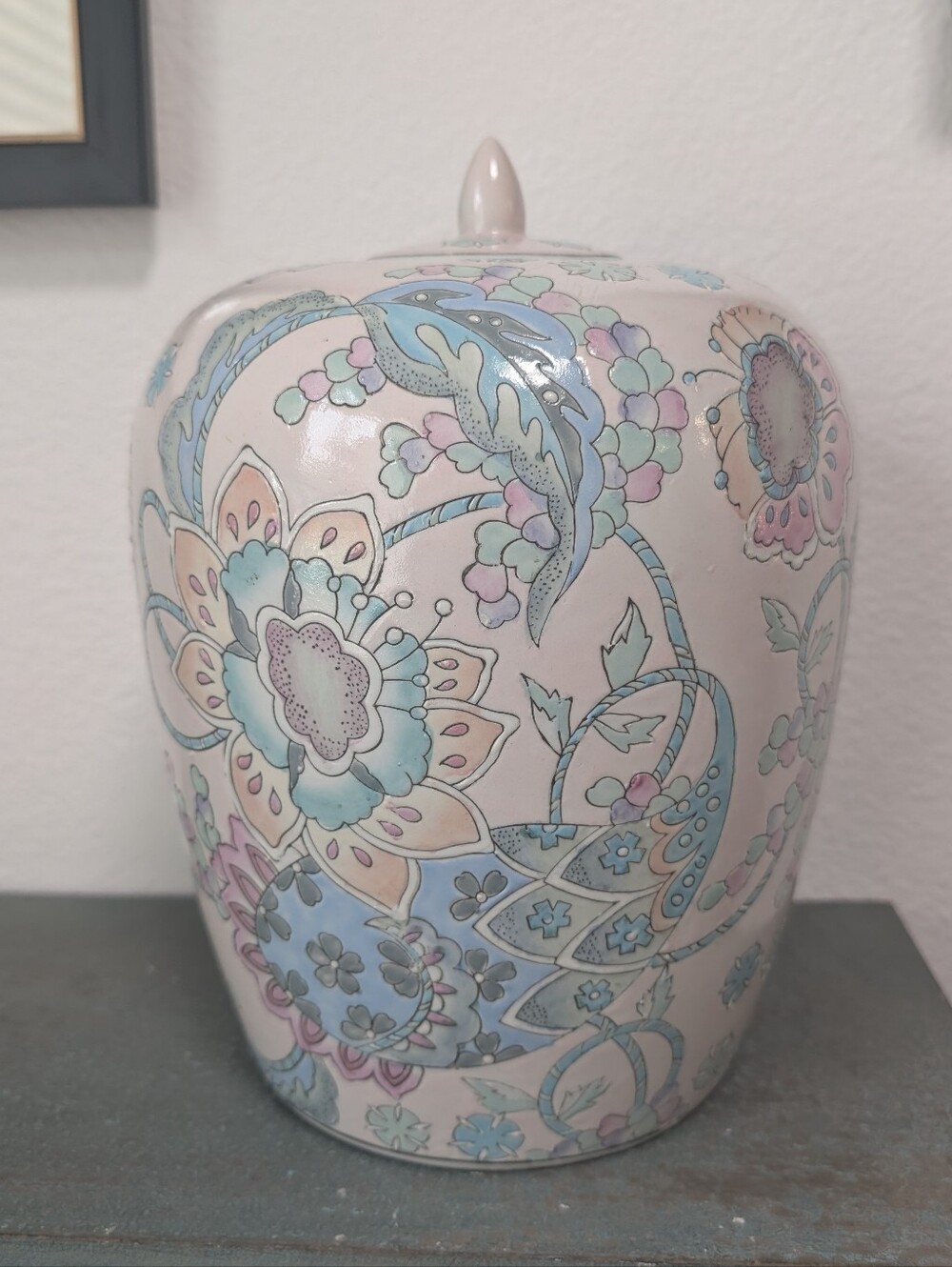 Vintage WBI Chinese Porcelain Ginger Jar With Lid 8 1/2" Chinoiserie Floral Teal